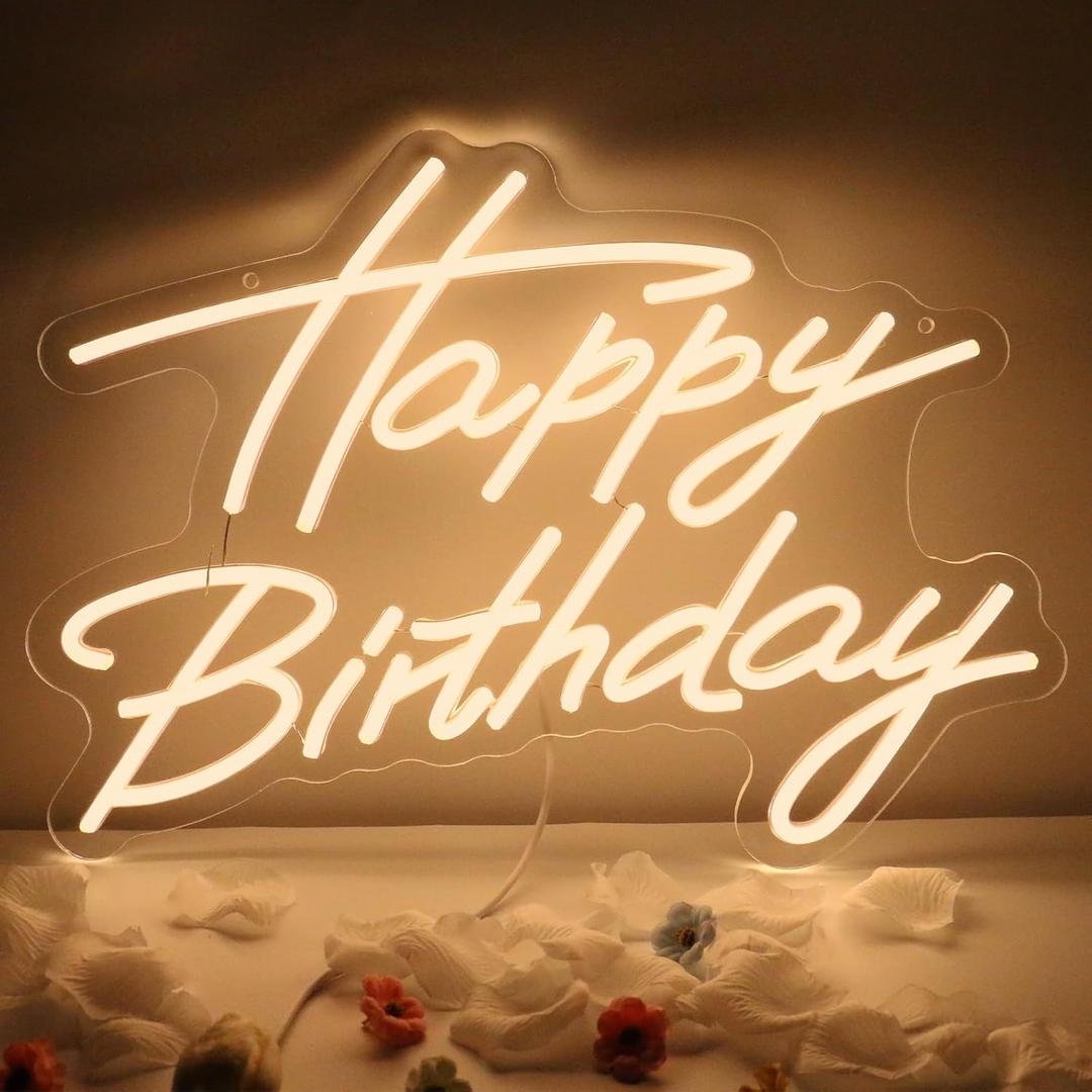 Goneons Happy Birthday Neon Sign for Wall Decor, Happy Birthday Led Sign for Backdrop with Dimmable Switch, USB Powered LED Happy Birthday Sign for Biryhday Party Decoration(Warm White,16.5"  12.2")