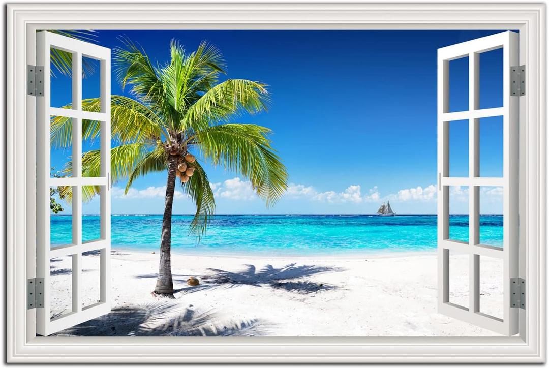 Beach Pictures Wall Art Decor for Living Room Blue Ocean Painting for Bedroom White Window Frame Style Palm Trees Canvas Wall Blue Coastal Landscape Artwork for Bathroom Home Office Decorations, Ready to Hang (24*36, Beach Palm Trees Wall Art)