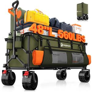 48" L Collapsible Wagon Cart Foldable, 560lbs Weight Capacity 300L Heavy Duty Folding Beach Wagons with Big All-Terrain Wheels, Utility Carts for Groceries, Shopping, Camping, Sports - Green