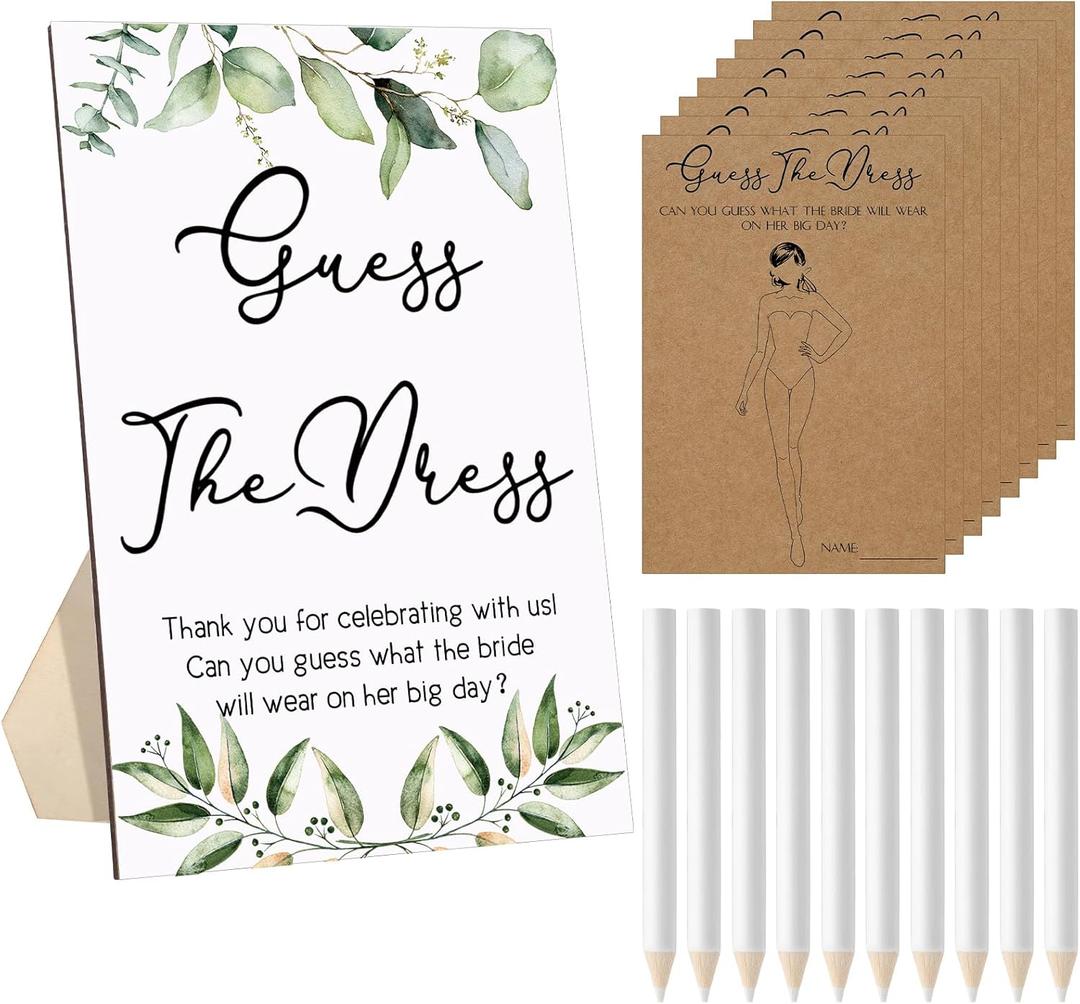 Seajan Guess The Dress Bridal Shower Game Wooden Sign Fun Bridal Shower Games Table Sign 50 Small Guessing Cards 50 Pencils for Guests Wedding Bachelorette Party Supplies(Green Leaves)