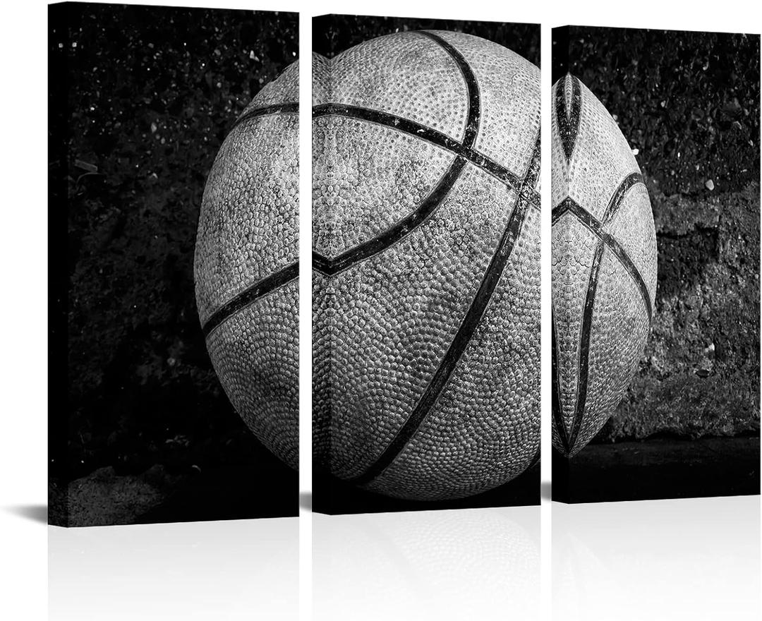 Nachic Wall Large 3 Panels Basketball Canvas Wall Art for Boys Room Vintage Black and White Sport Basketball Picture Posters Print for Gym Teenage Boy Bedroom Man Cave Decor Each Panel16x32Inch
