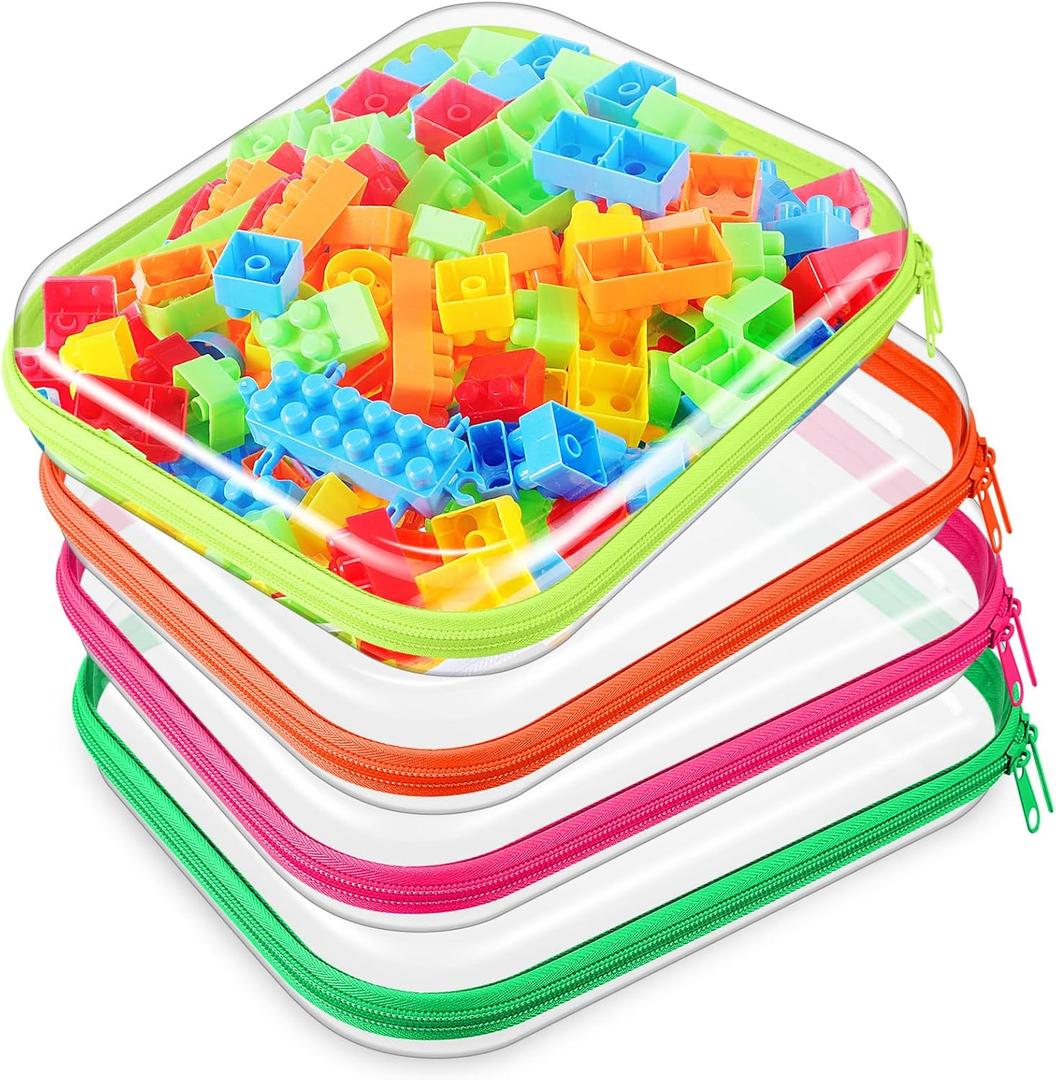 Hoolerry 4 Pcs Hard Clear Zipper Case Makeup Bags Plastic Zipper Pouch Transparent Storage Box Containers for Cosmetics, Snacks, Building Blocks, Puzzles(Clear,9.8 x 7.9 x 2 in,Fluorescent)