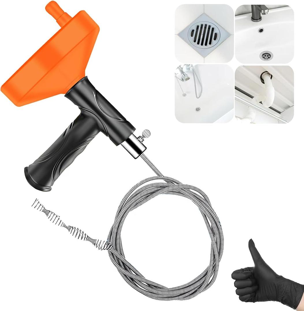 Drain Snake Auger 33 Feet, Plumbing Snake Drain Hair Clog Removal Tool, Heavy Duty Toilet Snake Auger, Sink Unclogger Drain Cleaner Tool for Bathroom Kitchen Tub Shower Drain Clog Remover with Gloves