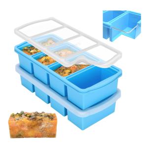 Silicone Freezer Trays with Lid,1-cup Soup Freezer Container large Ice Cube Molds with Reinforced Steel Ring Top for freezing Soup Sauce Broth Leftovers oven Dishwasher -Safe(2-Pack)
