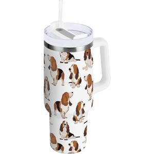 ZZXXB Basset Hound Dog Insulated Stainless Steel Water Bottle with Handle and Straw Lid Double Walled Travel Mug 30 oz