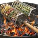 2 Pack Rolling Grill Basket – Stainless Steel Grilling Basket with Lid and Removable Wooden Handle – BBQ Accessories for Vegetables, Shrimp, Meat – Outdoor Cooking Gift for Dad or Husband – Otawe