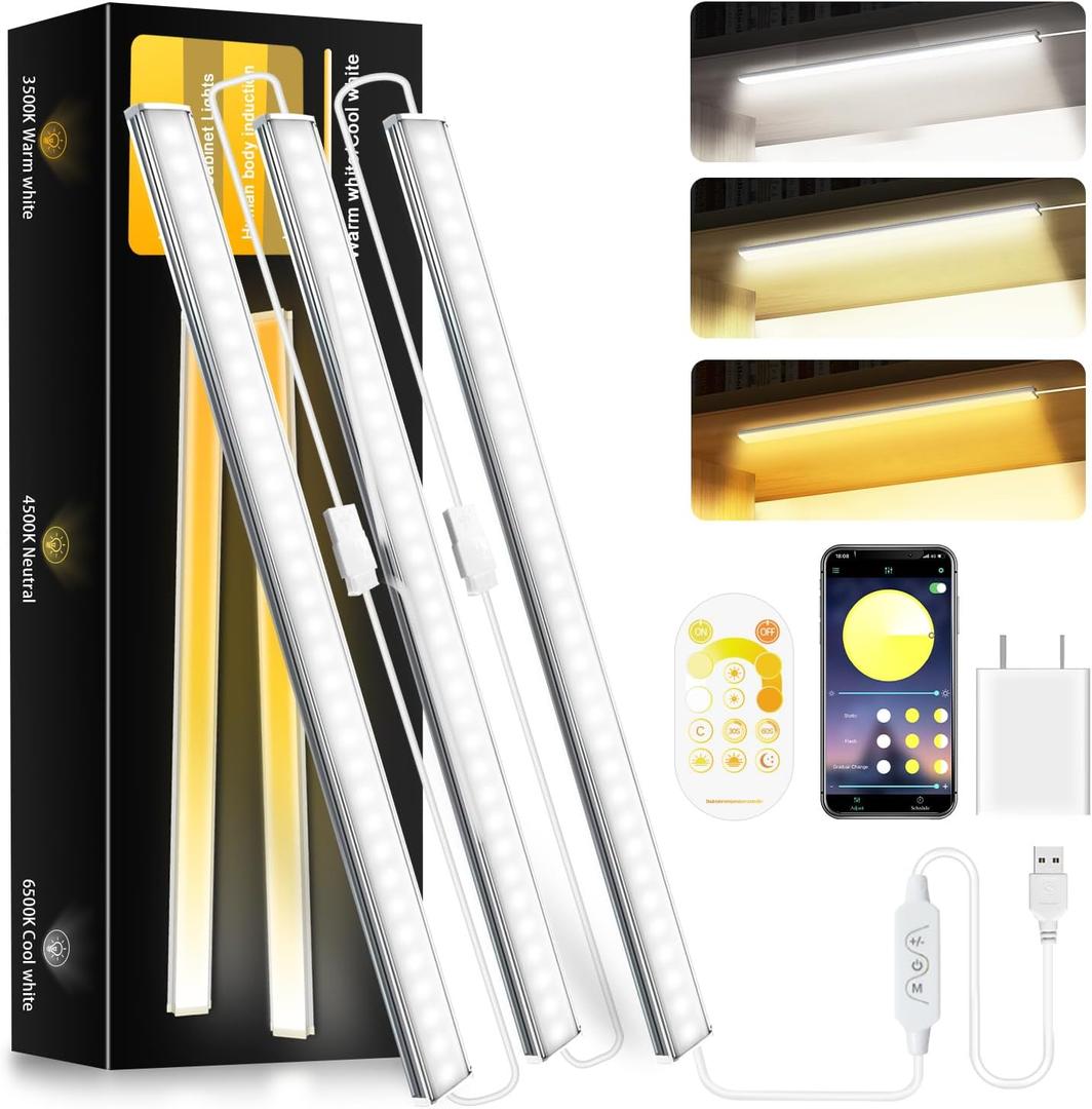 Dimmable 12 Inch Ultra Thin Under Cabinet Lighting, Under Cabinet Lights Plug in, Multi-Color Super Bright LED Lights Bar Under Counter Lights Indoor for Kitchen, Shelf, Closet, Desk (3 Pack), Multi-white (remote/app control)