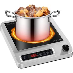 Induction Cooktop, 1800W Commercial Stainless Steel Portable Countertop Burner, Touch and Knob Precision Temperature Control, 24-Hour Timer, LED Screen