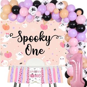 Halloween Spooky One 1st Birthday Decorations for Girls - Pink and Purple Balloons Garland Arch Kit Ghost Balloons Backdrop, First Bday Party Supplies for One Year Old Girl