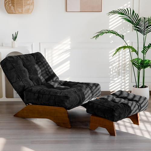 MAXYOYO Accent Chair with Ottoman Adjustable Backrest, Tufted Living Room Chair Upholstered Lounge Chair with Footrest Set, Modern Chair Cozy Reclining for Reading Room, Black