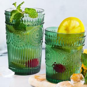 Loivttvv 12pcs Vintage Drinking Glasses Set, 12 oz Highball Glasses & 9 oz Embossed Ribbed Glassware Cups for Cocktail, Water, Juice, Coffee, Whiskey (Atroviens)