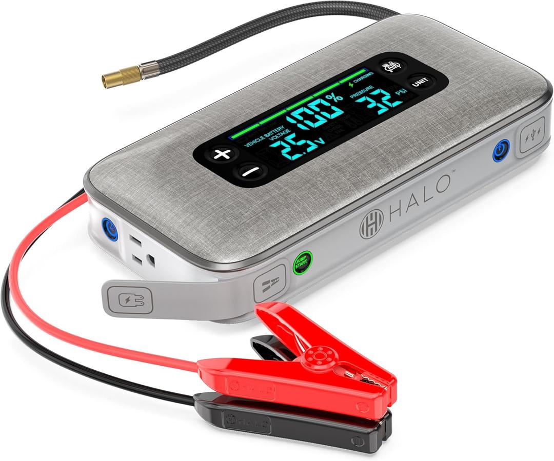 HALO Bolt Ultimate 3 Portable Car Battery Jump Starter | 130 PSI Air Compressor, 55.5Wh USB Power Bank, Large Display, Emergency Floodlight & Charger, Jumps Cars SUVs & Trucks, Inflates Tires  Silver