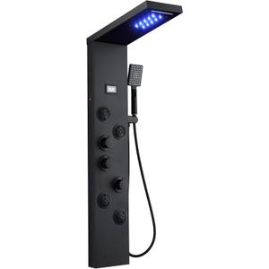MEANTT LED Lights Shower Panel Tower - Waterfall Rainfall Shower Panel Tower System with 4 Body Jets - 5-in-1 Multifunction Shower Column - Matte Black Stainless Steel Shower Tower with Handheld