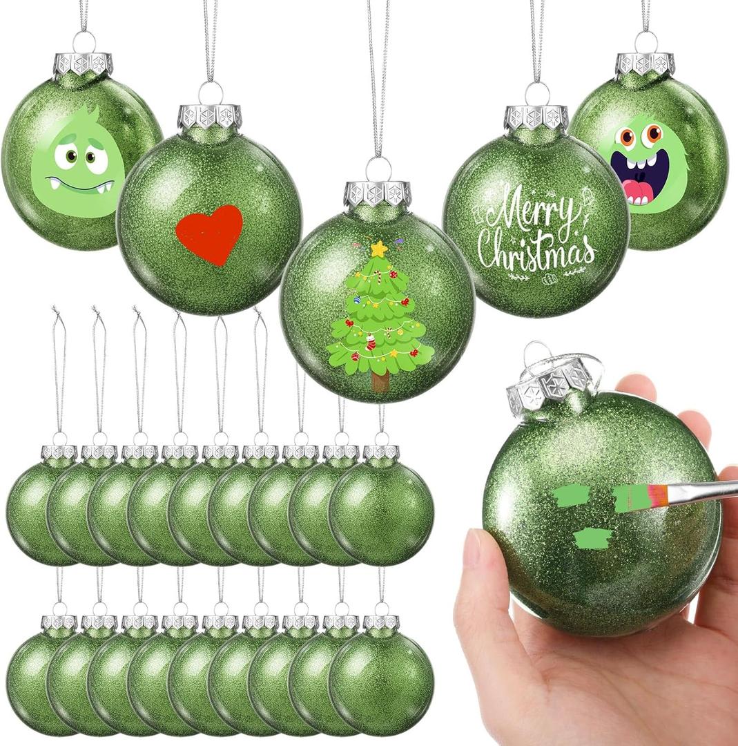 Patelai 24 Pcs Plastic Flat Disc Ornaments for Crafts 3.15" DIY Fillable Hanging Ornament Christmas Tree Ball for DIY Crafts Holiday Xmas Tree Home Decor (Glitter Green,Oblate Spheroid)