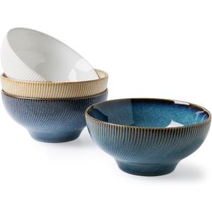 MONITO Embossed Ceramic Bowl Set, 28 oz Deep Soup Bowl, Kitchen Essential, 6.6 inch Ramen Bowls, Suitable for Salads, Pasta, Oatmeal, Ramen, Microwave and Dishwasher Safe, Set of 4