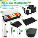 Bartending Supplies - 18" x 12" Bar Mat Garnish Tray with Lid Bar Caddy 3 Tier Bar Glass Rimmer, 2 Plastic Juice Pour Bottles 3 Mini Tongs 12 Classic Liquor Bottle Pourers 500 Cocktail Straws(Black)