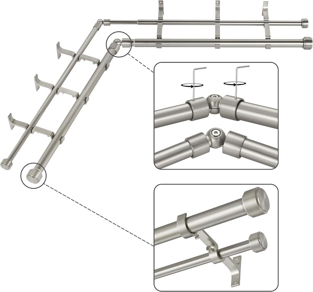 Brushed Nickel Double Corner Window Curtain Rods with Aluminum End Cap Finials and Brackets,1 Inch Diameter Dual Bay Window Curtain Rods, Adjustable 2 Sided 36-72 Inch Double Drapery Rod
