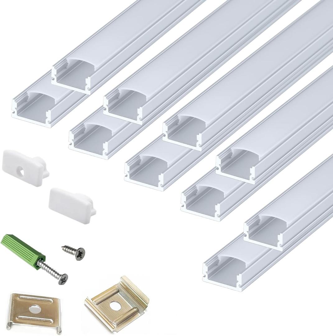 LED Strip U Channel Diffuser 10-Pack 6.56FT,17X7.5MM Surface Mounted Tape Light Aluminum Track with Milky Cover Cabinet, Stairs, Counter, Wall Flush Installed Low Profile (Silver)