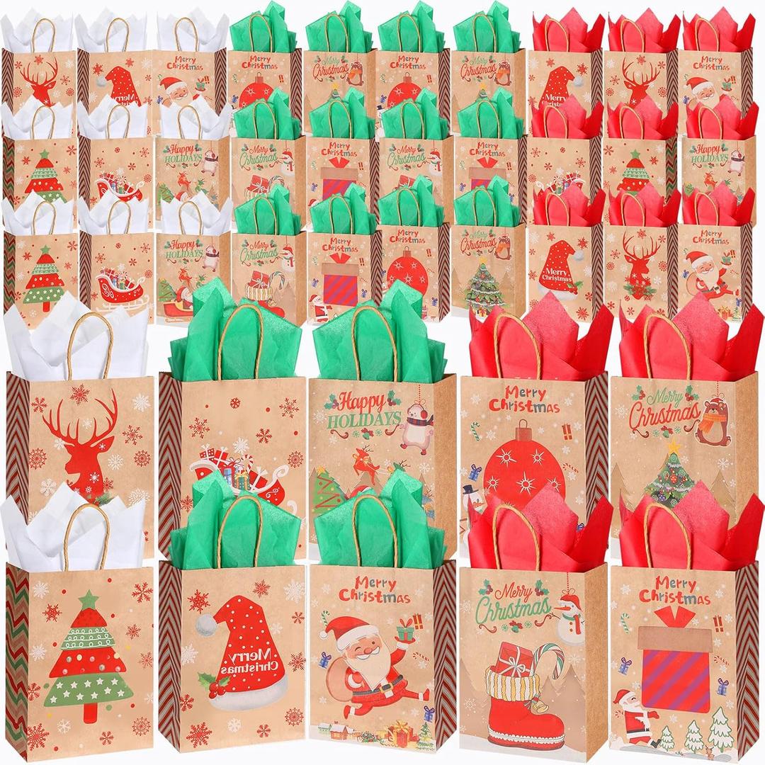 Fulmoon 60 Pcs Christmas Paper Gift Bags Bulk with Tissue Paper 8.3 x 6 x 3.1 Inch Small Holiday Party Favor Goodie Bags with Handle Assorted Christmas Design for Holiday Presents Wrapping (Rustic)