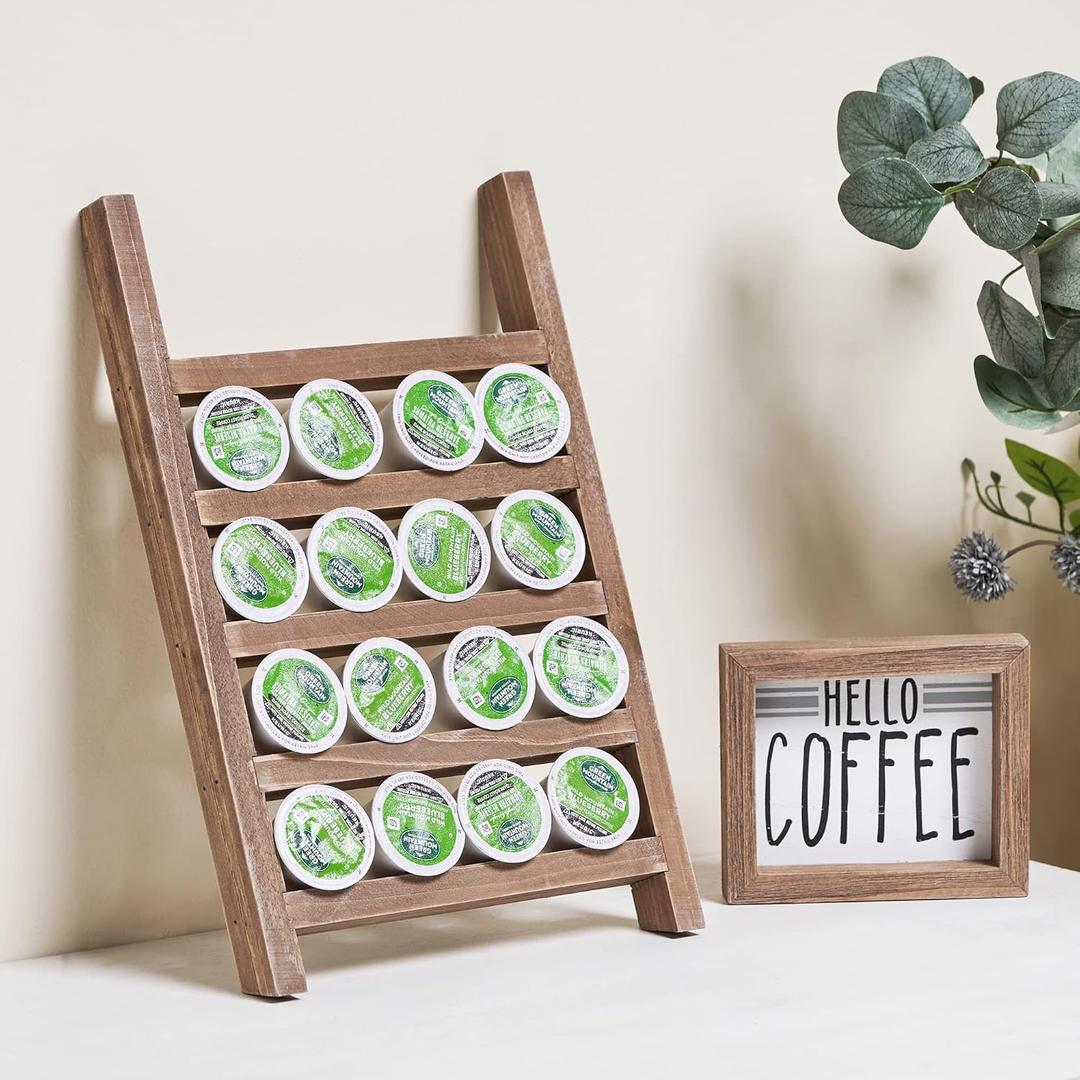 GENMOUS Wood K Cups Holder for Countertop, Farmhouse Coffee Pod Holder with Coffee Bar Decor Sign, Rustic K cup Organizer for Home Kitchen Storage, Station Organizer Accessories Brown