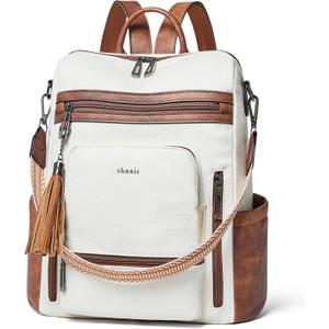 Shrrie Vegan Leather Laptop Backpack for Women 15.6 inch Work Backpack Fashion Travel Backpack Purse for Travel College Work (1 Beige With Brown)