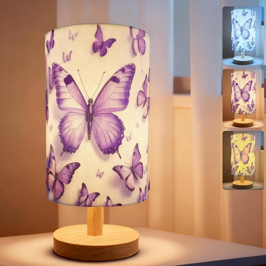 Butterfly Lamp, Butterfly Lamps for Girls Bedroom,3 Color Night Light Wood Nightstand Desk Base Flaxen Fabric Shade for Bedroom Living Room, Butterflys Lovers Gifts, LED Bulb Includedpurple lamp