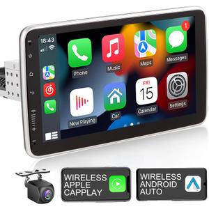 Single Din Touchscreen Car Radio Wireless Carplay & Wireless Android Auto,10.1 Inch Adjustable Android Car Stereo with AHD Backup Camera,GPS Navigation,WiFi,Bluetooth AM/FM SWC