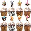 2 x 48 Pack Safari Animals Cupcake Toppers and Wrappers, Jungle Animals Cake Decoration for Wild Theme Birthday Party Jungle Zoo Party Supplies