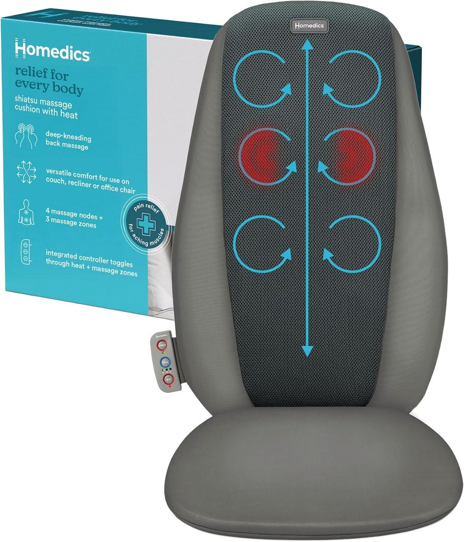 Homedics Shiatsu Back Massage Cushion with Heat, Pain Relief for Back Muscle Tension, Deep-Kneading Therapy Works Out Knots & Stiffness, 3 Massage Zones, Fits Most Chairs, for Home or Office