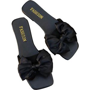 GORGLITTER Women's Bow Sandals Comfortable Cute Flat Sandals Slip On Slide Sandals for Beach, Wedding, Vacation (9.5, Black)