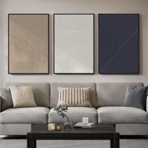 Large Framed Neutral Abstract Wall Art for Living Room, 3 Piece Modern Canvas Prints Paintings, Beige and Deep Blue Minimalist Geometric Pictures for Hallway Dining Bedroom Office Wall Decor 24x36 In, 24" W X 36" H X 3pcs