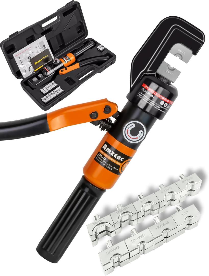 AMZCNC 1/8 Wire Rope Crimping Tool Hydraulic Crimping Tool Kit - 12 AWG to 2/0 AWG with 9 Die Sets-For Battery/Welding Cables, Power Wires, Electrical Cables - 180 Rotatable Head