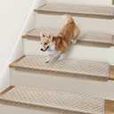 Bullnose Stair Treads Non Slip 9.5" x 32", 14 Pcs Carpet Stair Treads for Wooden Steps Indoor with Edge Protection, Reusable Peel and Stick TPU Backing Stair Runner Rugs - Lattice Pattern Beige Grey