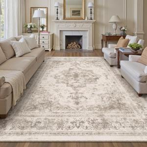 Area Rug 8x10 Beige Washable Living Room Carpet Non Slip Vintage Medallion Indoor Bedroom Carpet Low Pile Soft Retro Distressed Large Rug Home Office Dining Room Playroom