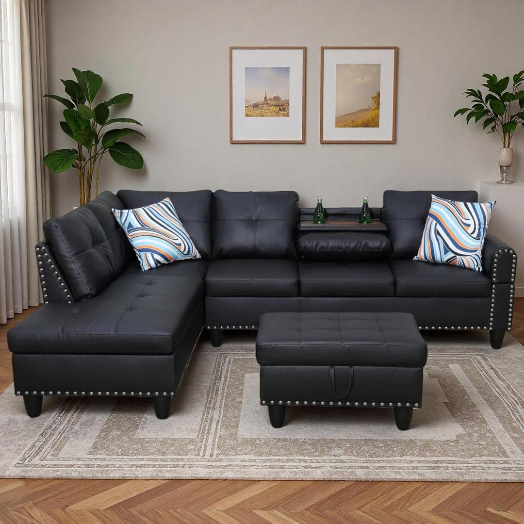 Leather 3-Piece L-Shaped Sectional Sofa with Storage Ottoman & Movable Chaise - Modular Convertible Couch for Living Room, Bedroom & Small Apartment, Jet Black