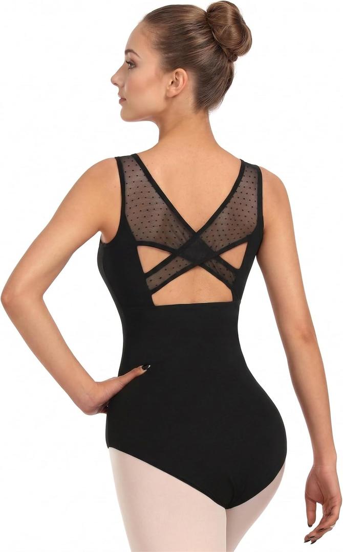Women Ballet Lace Short Sleeve Dance Leotard Tank, Hollow Back Dancewear (Medium, Black-mesh)