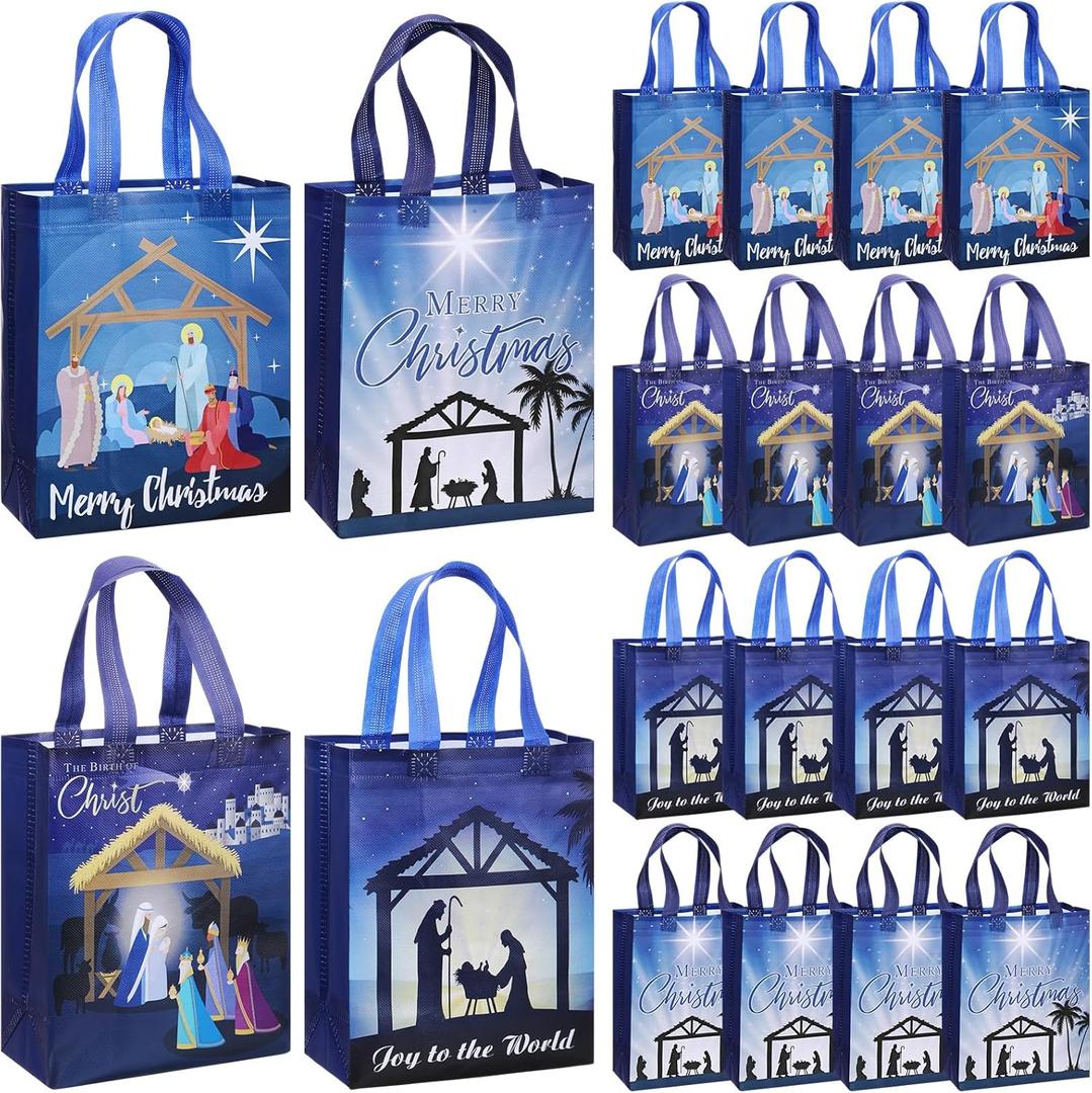 Wesnoy 24 Pcs Christmas Nativity Bags Bulk 10 x 8 x 4 Inch Christmas Jesus Non Woven Gift Bags with Handles Holy Night Religious Decoration Gift Packaging Reusable Christian Supplies for Xmas (Dark Blue)