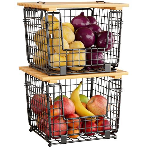 Wire Storage Basket for Kitchen Pantry: GGIU Stackable Kitchen Counter Organizers - Wire Organizing Bin for Produce Vegetable Potato and Onion Black
