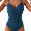 B2prity One Piece Swimsuit Tummy Control Criss Cross Bathing Suit Slimming Ruched Swim Suit Push Up V Neck Swimwear (Large, Peacock Green)