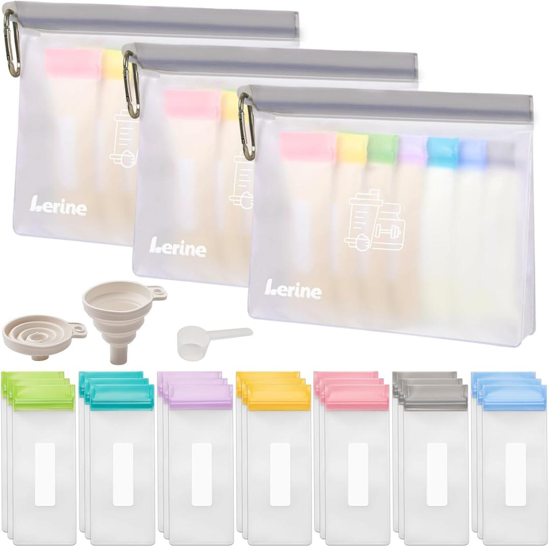 Protein Powder Travel Container Set, Reusable Protein Powder Container To Go, 21Pcs Single Dose Bags & 3Pcs Large Zip Bags, Portable Supplement Storage Containers with Funnel, Spoon (Multicolor)