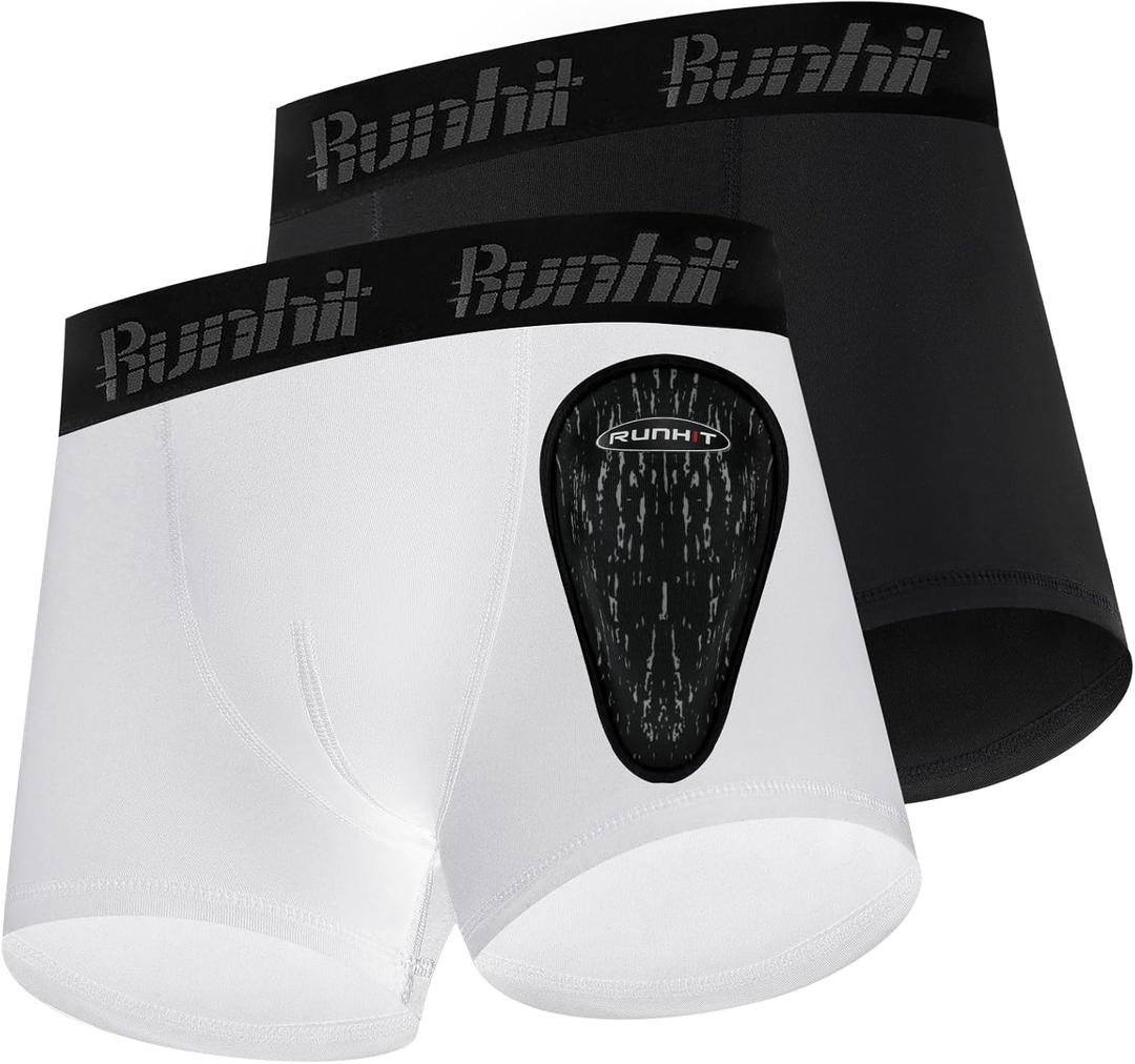 Runhit Boys Baseball Cup Underwear Football Cup Boxer Brief Youth Compression Shorts with Soft Protective Athletic Cup, Black*1 White*1, Medium