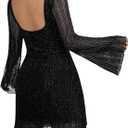 Floerns Women's Plus Size Sequin Backless Bell Sleeve Mesh Party Bodycon Mini Dress (XX-Large Plus, Black)
