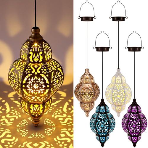 Aurelema 4 Pcs Hanging Solar Lights Moroccan Outdoor Decor Solar Lantern Waterproof Metal Moroccan Hanging Decorations for Patio Pathway Yard Porch Backyard Garden Decor, Bronze (Multicolor)
