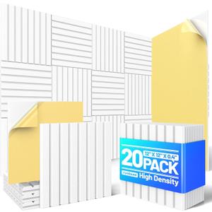 20 Pack Sound Proof Foam Panels for Walls, Acoustic Panels with Self-Adhesive 12" X 12" X 0.4" Slatted Soundproof Wall Panel, High Density Sound Absorbing Panel for Gaming Recoding Studio Decor-White