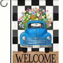 Garden Flag 12x18 Double-Sided Spring Decoration Vintage Blue Truck with Colorful Flowers, Welcome Checkered Backdrop Sign for Seasonal Yard and Outdoor Dcor