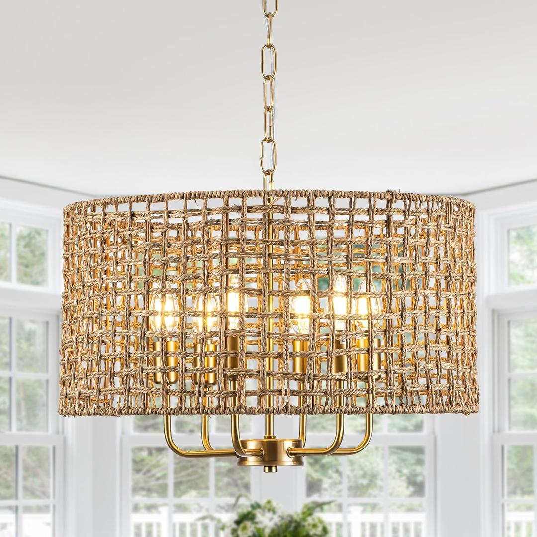 Boho Rattan Golden Chandelier Light Fixture Vintage 6-Lights Farmhouse Hand-Woven Bamboo Chandelier Rustic Drum Wicker Gold Chandeliers for Dining Room, Kitchen Island, Bedroom, E12
