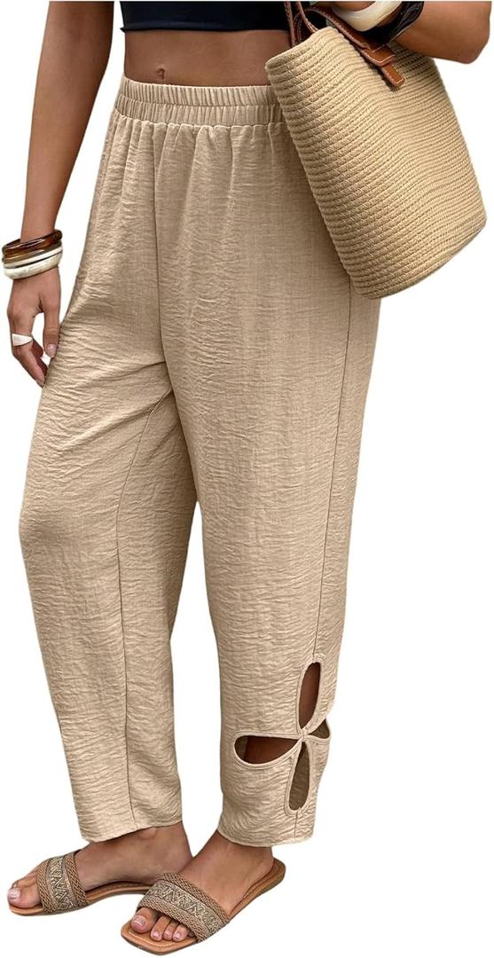 SOLY HUX Women's Boho Hollow Out Elastic High Waist Baggy Wide Leg Pants Casual Palazzo Trousers (L)