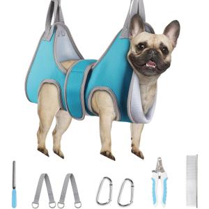 Dog Grooming Hammock, Adjustable Restraint Sling for Nail Trimming, Hands-Free Grooming Harness for Easy Bathing, Haircuts & Claw Care at Home, Blue M
