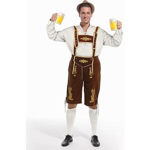 Yahenda Men's Oktoberfest Lederhosen Tshirt Halloween Costume Men Shirts Shorts and Hat Forbeer Bavarian Costume Size L