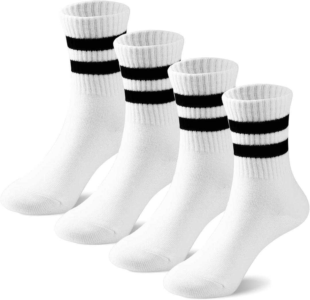 BONANGEL BONNAGEL Kids Athletic Crew Socks Boys Girls White Black Dress Socks Cotton School Uniform Socks 4Pairs, 6-8 Years, Whitestripe